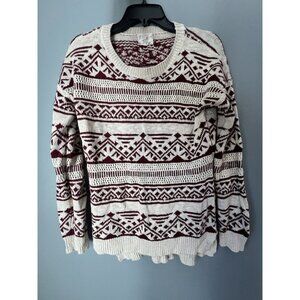 Hippie Rose Women’s Boho Pullover Sweater Beige Red Aztec Knit Long Sleeve L